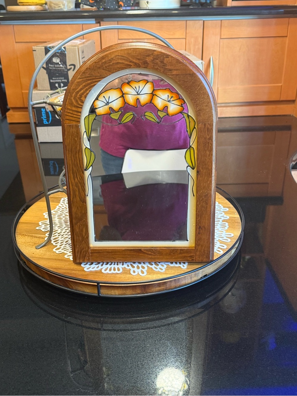 Wood-Frame Floral Accent Mirror in Brown with Yellow Flowers